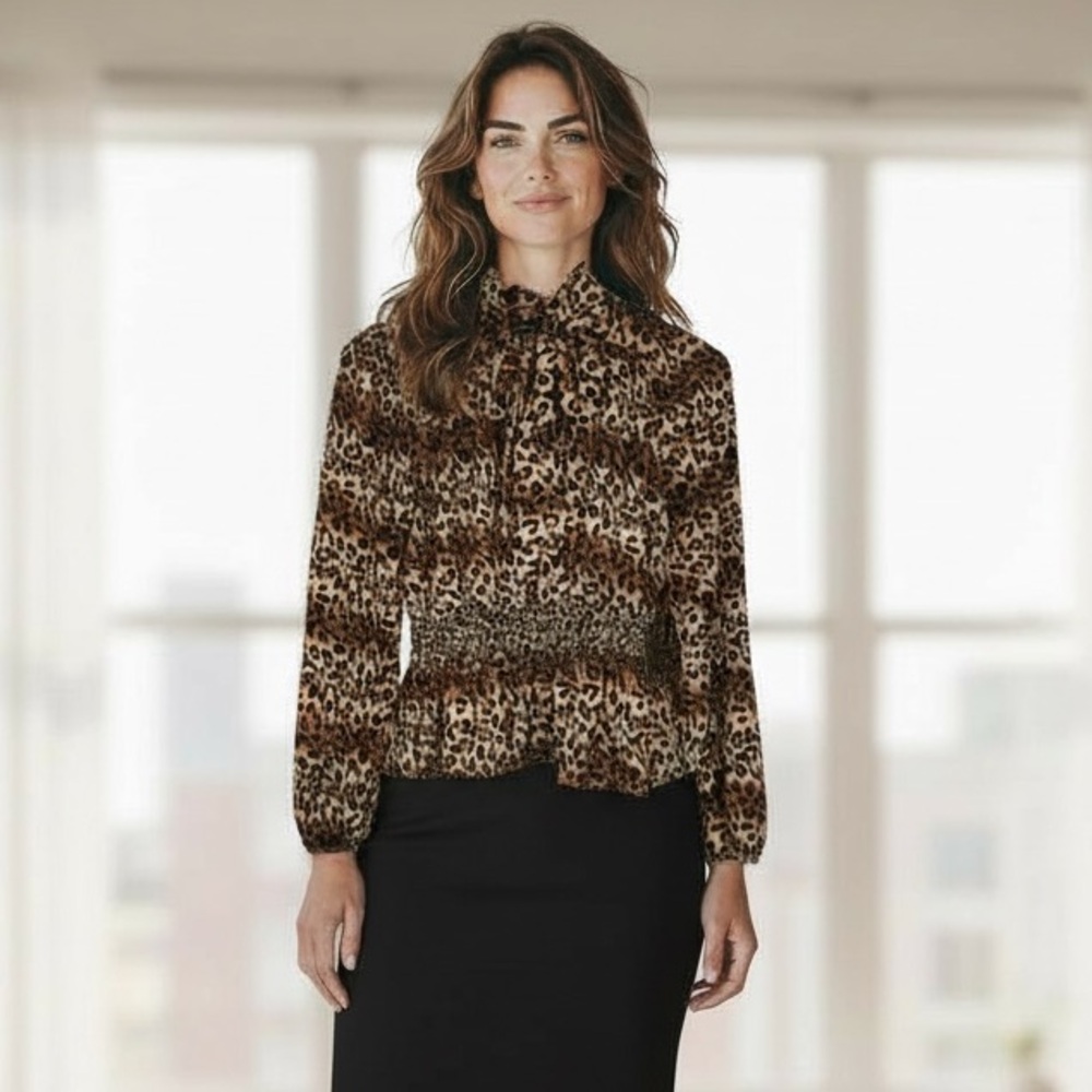 Seductions Leopard Print Tie-Neck Blouse w Balloon Sleeves & Smocked waist Large